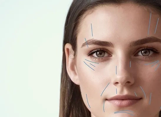Woman with facial lines marked on her skin